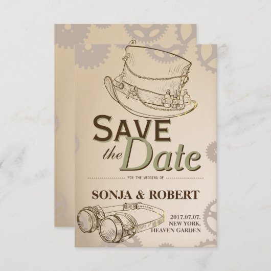 Save the Date - Steampunk Pet en Google (Voorkant / Achterkant)