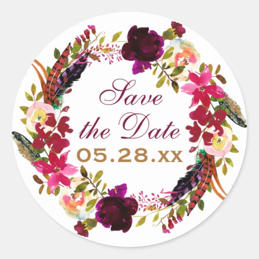 Save the Date Sticker - Bourgogne Bloemen, Veren (Voorkant)