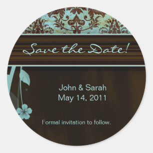 Save the Date Sticker Damask Flower blauw bruin