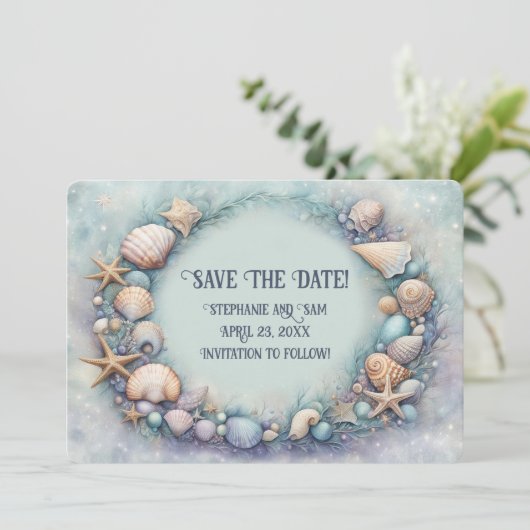 Save the Date Strand Schelpenkrans Uitnodiging (Staand voorkant)