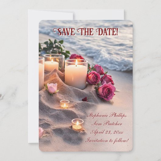 Save the Date Strandrozen Kaarsen Kaart (Voorkant)