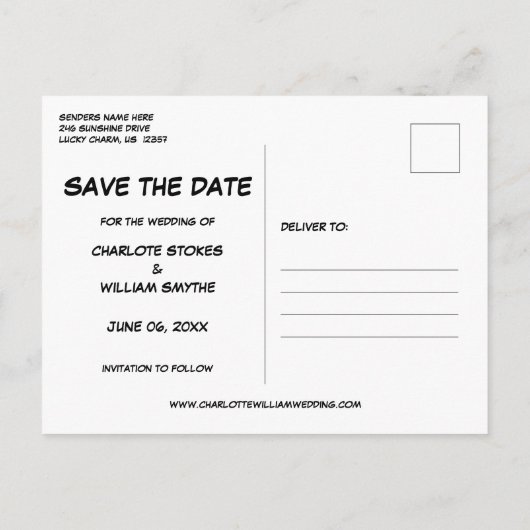 Save the Date Stripboek BOOM Modern Plezier Aankondigingskaart (Achterkant)