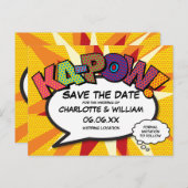 Save the Date Stripboek KA-POW Moderne Fun Aankondigingskaart (Voorkant / Achterkant)