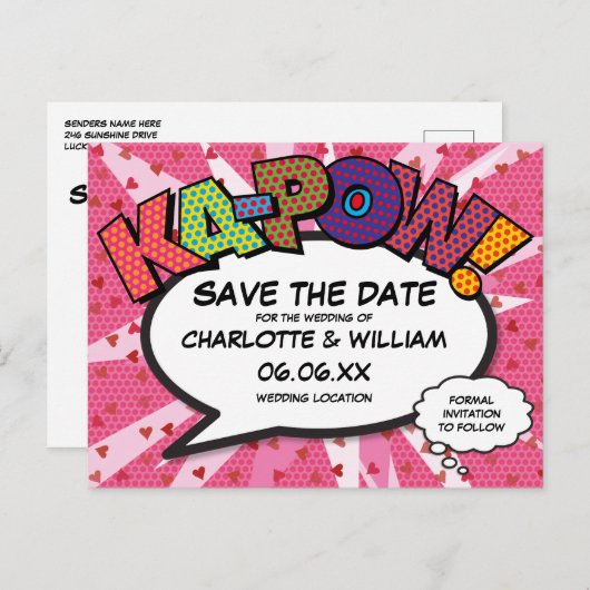 Save the Date Stripboek KAPOW Modern Pink Fun Aankondigingskaart (Voorkant / Achterkant)