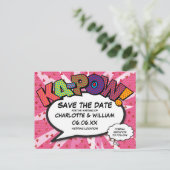 Save the Date Stripboek KAPOW Modern Pink Fun Aankondigingskaart (Staand voorkant)