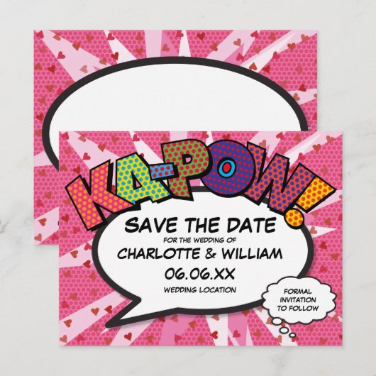 Save the Date Stripboek KAPOW Modern Pink Fun Aankondigingskaart (Voorkant / Achterkant)