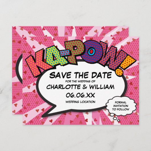 Save the Date Stripboek KAPOW Moderne Roze Fun Aankondigingskaart (Voorkant / Achterkant)