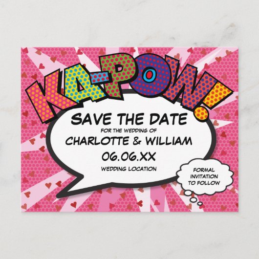Save the Date Stripboek KAPOW Moderne Roze Fun Aankondigingskaart (Voorkant)