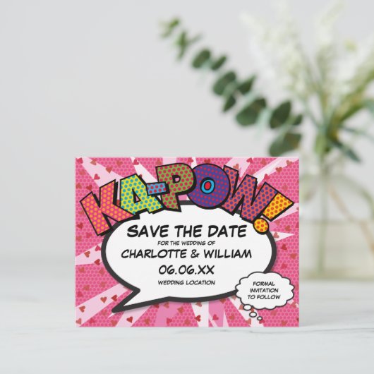 Save the Date Stripboek KAPOW Moderne Roze Fun Aankondigingskaart (Staand voorkant)