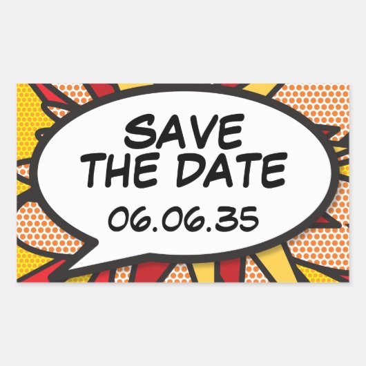 SAVE THE DATE Stripboek Pop Art Speech Bubble Rechthoekige Sticker (Voorkant)