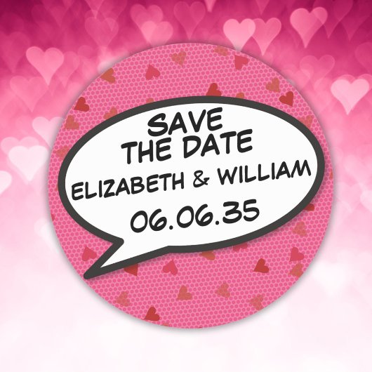 SAVE THE DATE Stripboek Pop Art Speech Bubble Ronde Sticker