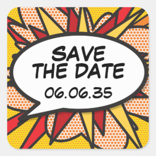SAVE THE DATE Stripboek Pop Art Speech Bubble Vierkante Sticker