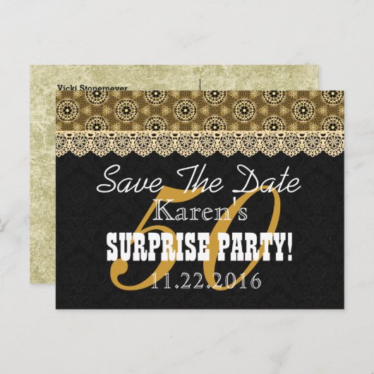 Save the Date SURPRISE 50th Birthday V002B GOUD Aankondigingskaart (Voorkant / Achterkant)