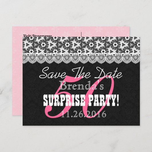 Save the Date SURPRISE 50th Birthday V010B ZWART Aankondigingskaart (Voorkant / Achterkant)