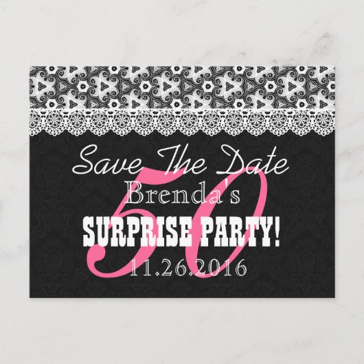 Save the Date SURPRISE 50th Birthday V010B ZWART Aankondigingskaart (Voorkant)