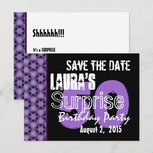 Save the Date Surprise 50th Modern Paarse Zwart 02 Aankondigingskaart (Voorkant / Achterkant)
