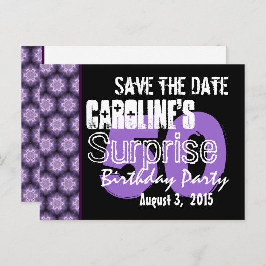 Save the Date Surprise 50th Modern Paarse Zwart 04 Aankondigingskaart (Voorkant / Achterkant)