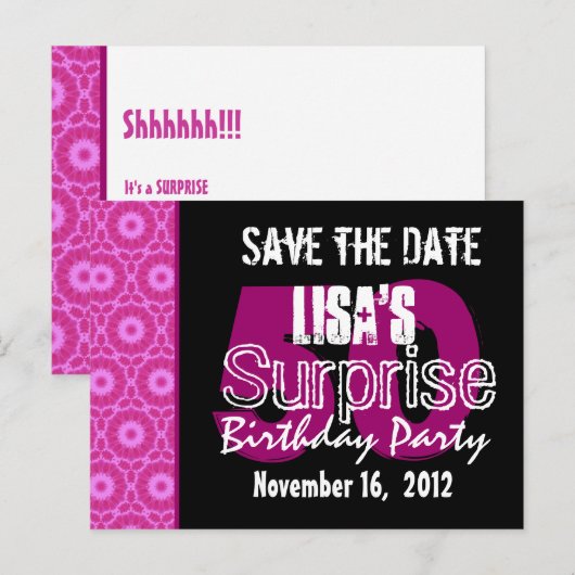 Save the Date Surprise 50th Party Roze V451 Aankondigingskaart (Voorkant / Achterkant)