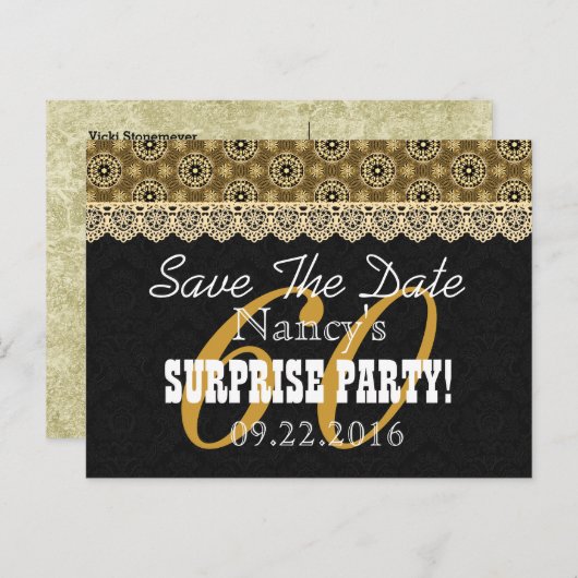 Save the Date SURPRISE 60th Birthday V002C GOUD Aankondigingskaart (Voorkant / Achterkant)