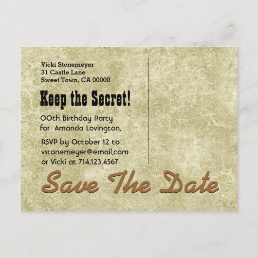 Save the Date SURPRISE 60th Birthday V002C GOUD Aankondigingskaart (Achterkant)