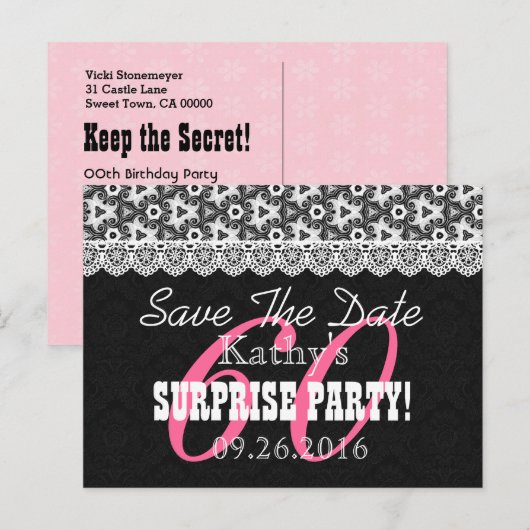 Save the Date SURPRISE 60th Birthday V010C ZWART Aankondigingskaart (Voorkant / Achterkant)