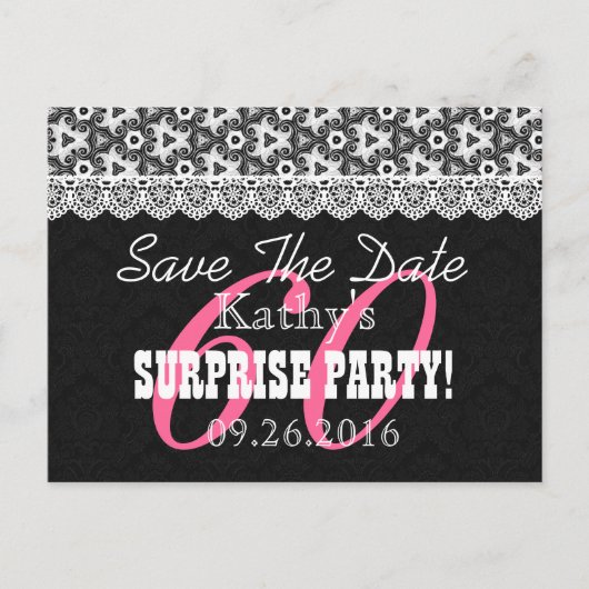 Save the Date SURPRISE 60th Birthday V010C ZWART Aankondigingskaart (Voorkant)