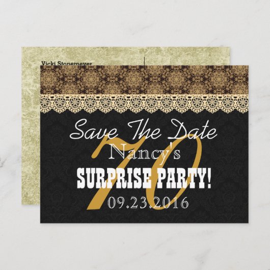 Save the Date SURPRISE 70th Birthday N02C GOLD Aankondigingskaart (Voorkant / Achterkant)