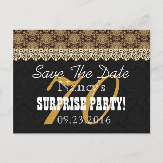 Save the Date SURPRISE 70th Birthday N02C GOLD Aankondigingskaart (Voorkant)