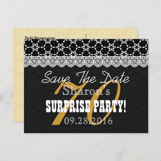 Save the Date SURPRISE 70th Birthday P03C Aankondigingskaart (Voorkant / Achterkant)