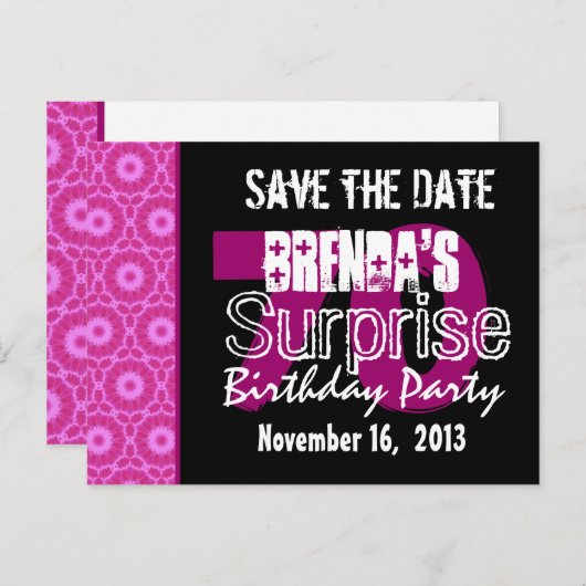 Save the Date Surprise 70th Party Roze W1750 Aankondigingskaart (Voorkant / Achterkant)