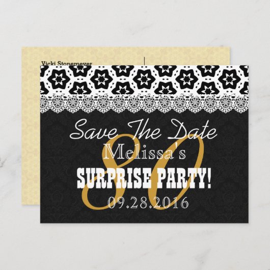 Save the Date SURPRISE 80th Birthday P04C Aankondigingskaart (Voorkant / Achterkant)
