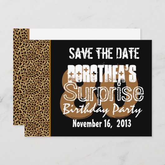 Save the Date Surprise 80th Party LEOPARD V01 Aankondigingskaart (Voorkant / Achterkant)