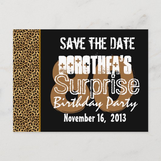 Save the Date Surprise 80th Party LEOPARD V01 Aankondigingskaart (Voorkant)