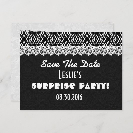 Save the Date SURPRISE Elk jaar Verjaardag V003D1 Aankondigingskaart (Voorkant / Achterkant)