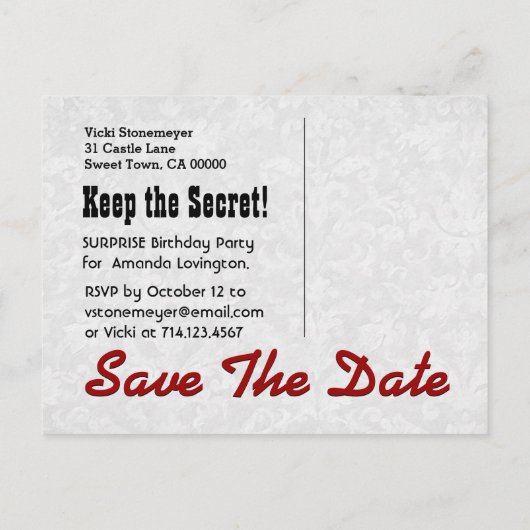 Save the Date SURPRISE Elk jaar Verjaardag V003D1 Aankondigingskaart (Achterkant)