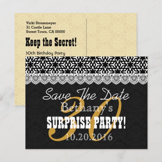 Save the Date SURPRISE Verjaardag V003 ZWART WIT Aankondigingskaart (Voorkant / Achterkant)