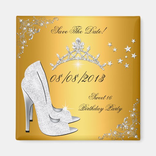 Save the Date Sweet 16 Gouden Hoge Hakken Schoenen Magneet (Voorkant)