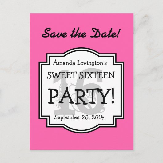 Save the Date Sweet 16 Verjaardagsfeest A02 PINK Aankondigingskaart (Voorkant)