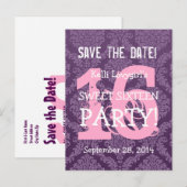 Save the Date Sweet 16 Verjaardagsfeest A04 PAARSE Aankondigingskaart (Voorkant / Achterkant)