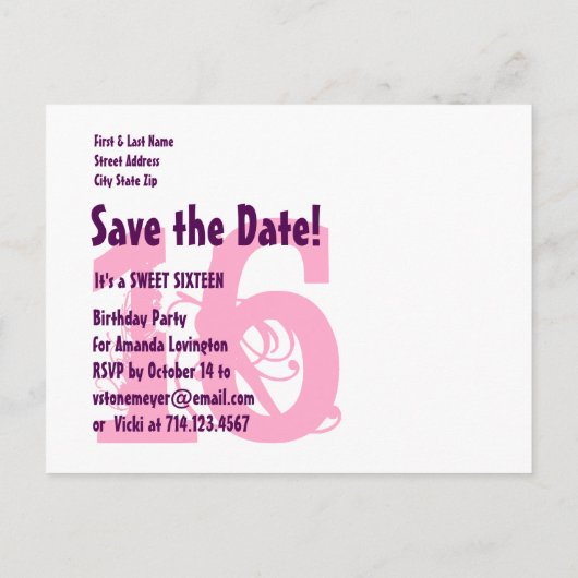 Save the Date Sweet 16 Verjaardagsfeest A04 PAARSE Aankondigingskaart (Achterkant)