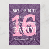 Save the Date Sweet 16 Verjaardagsfeest A04 PAARSE Aankondigingskaart (Voorkant)