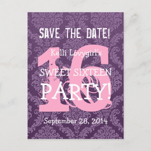 Save the Date Sweet 16 Verjaardagsfeest A04 PAARSE Aankondigingskaart (Voorkant)