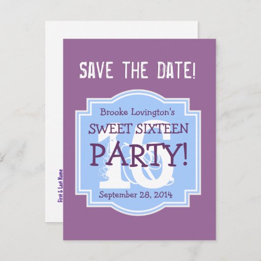 Save the Date Sweet 16 Verjaardagsfeest V006 PAARS Uitnodiging Briefkaart (Voorkant / Achterkant)