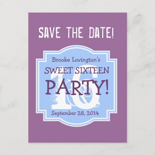 Save the Date Sweet 16 Verjaardagsfeest V006 PAARS Uitnodiging Briefkaart (Voorkant)