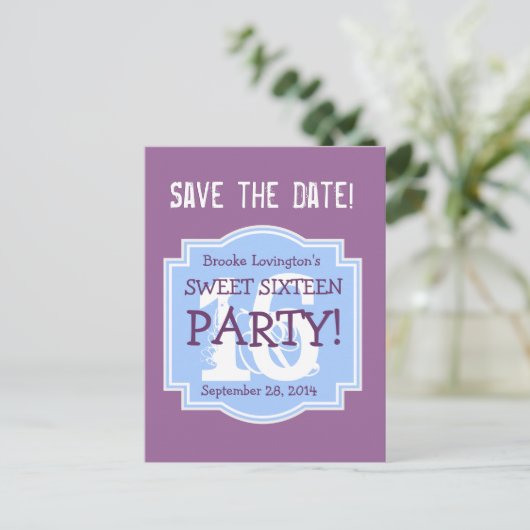 Save the Date Sweet 16 Verjaardagsfeest V006 PAARS Uitnodiging Briefkaart (Staand voorkant)