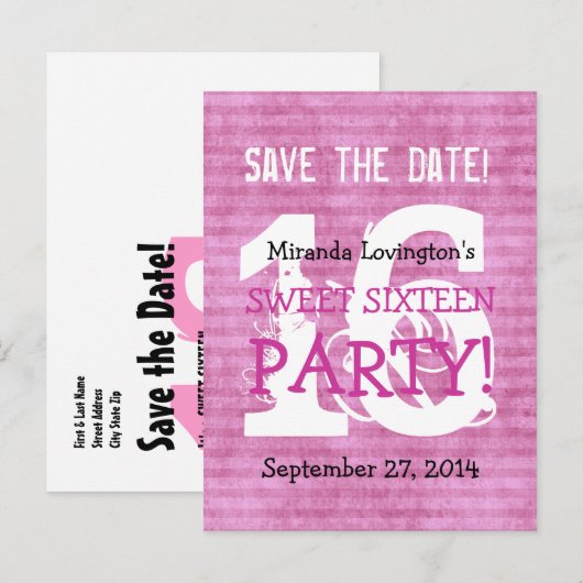 Save the Date Sweet 16 Verjaardagsfeest V01 Aankondigingskaart (Voorkant / Achterkant)