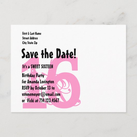 Save the Date Sweet 16 Verjaardagsfeest V01 Aankondigingskaart (Achterkant)