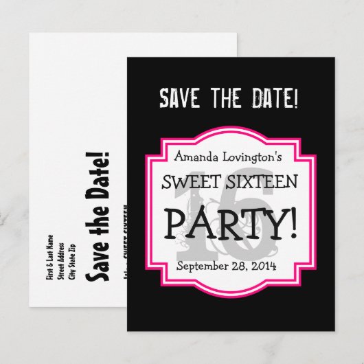 Save the Date Sweet 16 Verjaardagsfeestje A01 ROZE Aankondigingskaart (Voorkant / Achterkant)