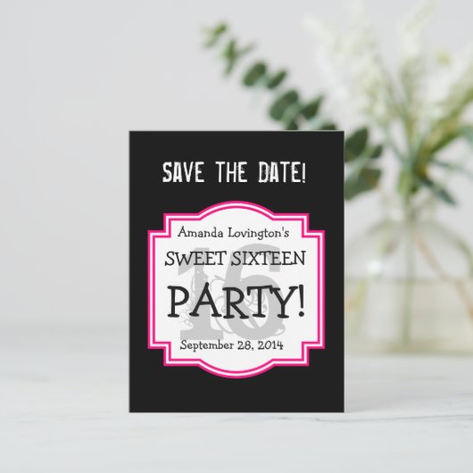 Save the Date Sweet 16 Verjaardagsfeestje A01 ROZE Aankondigingskaart (Staand voorkant)