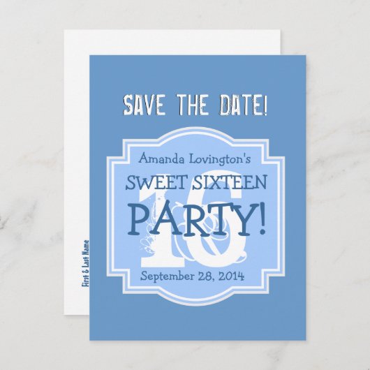 Save the Date Sweet 16 Verjaardagsfeestje V005 BLA Aankondigingskaart (Voorkant / Achterkant)